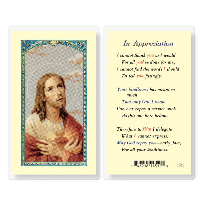 In Appreciation Laminated Holy Card