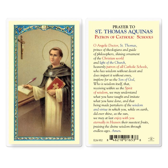 Prayer to St. Thomas Aquinas Patron of Catholic Schools Laminated Holy Card