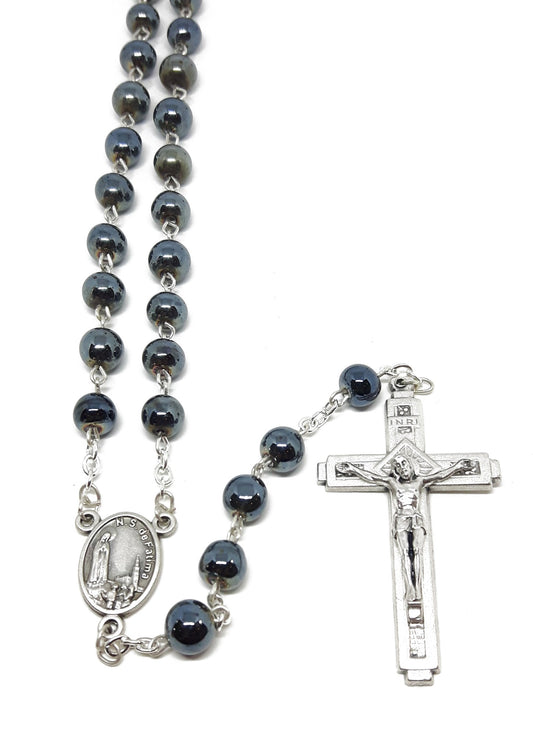 Hematite Rosary with Silver Crucifix Boxed