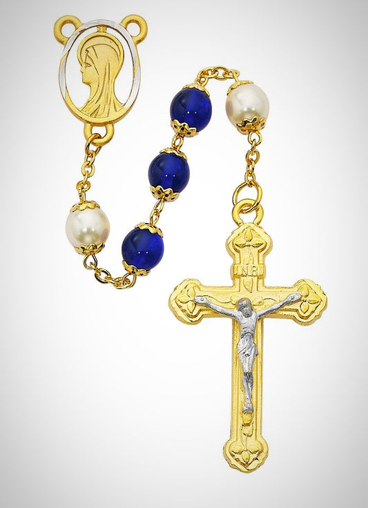 Blue and Pearlized Glass Rosary Boxed