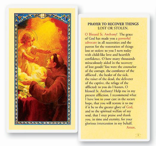 Prayer To Recover Things, Lost or Stolen Holy Card