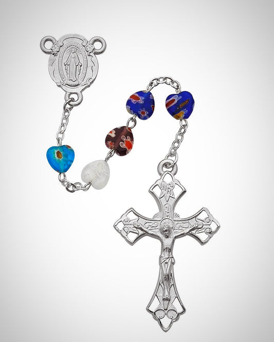 Murano Multi Color Heart Rosary Boxed