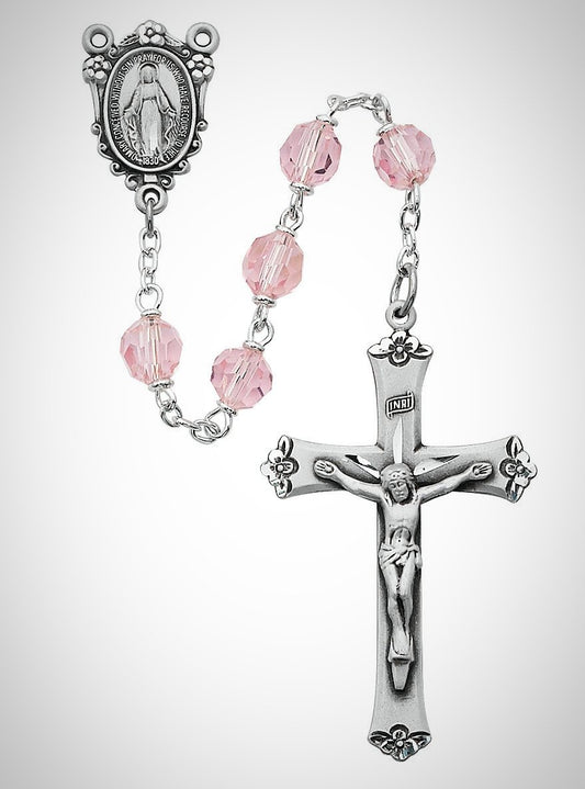 Pink Tin Cut Crystal Rosary Boxed