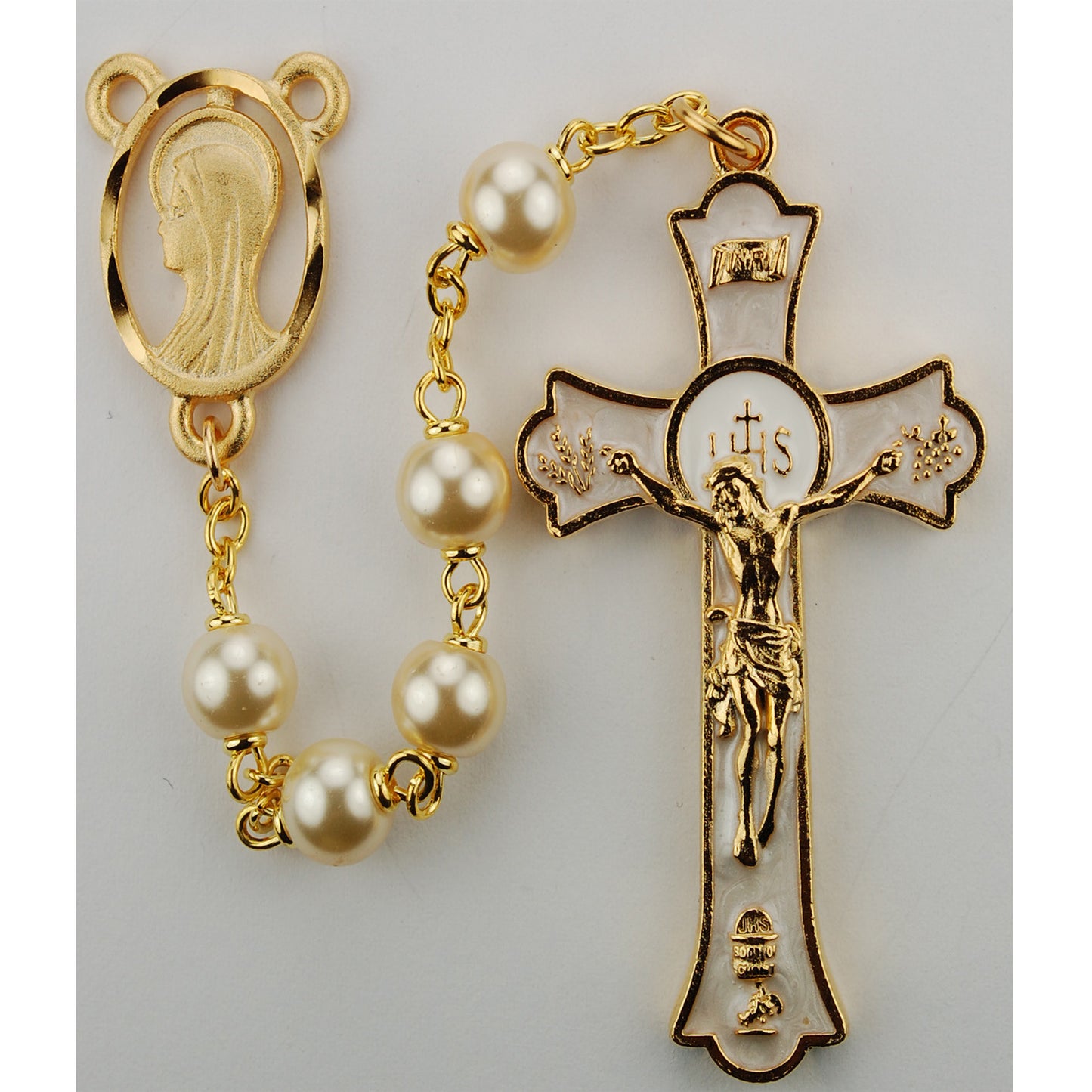 Pearlized Holy Mass Crucifix Rosary Boxed