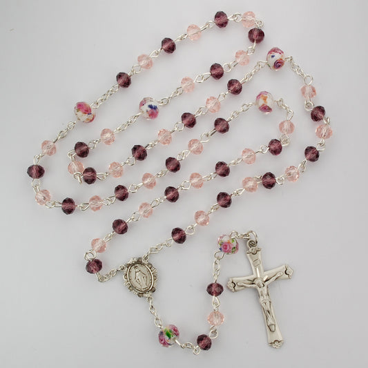 Pink Multi Tin Cut Crystal Rosary Boxed