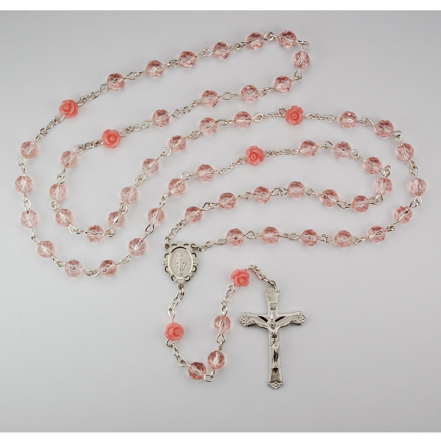 Pink Glass with Roses Rosary Boxed