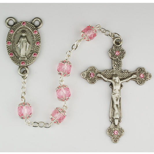 Pink Capped Glass Rosary Boxed