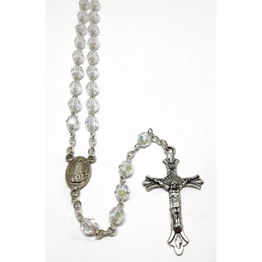 WHITE GLASS ROSARY WITH SILVER CRUCIFIX